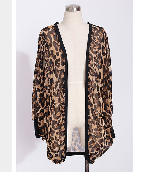 Fashion Women Leopard Print Chiffon Kimono Cardigan Shawl Batwing Sleeve Sheer Beach Cover Up Summer Ladies Boho Tops Blusas