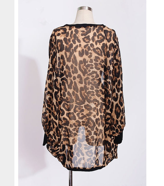 Fashion Women Leopard Print Chiffon Kimono Cardigan Shawl Batwing Sleeve Sheer Beach Cover Up Summer Ladies Boho Tops Blusas