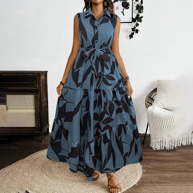 Women Sleeveless Boho Floral Maxi Dress Summer Button Shirt V Neck Flowy Belted Beach Vacation Dresses