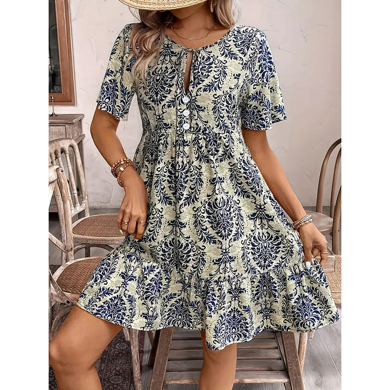 Women Casual Summer Dress Boho Drawstring V Neck Short Sleeve Floral Print Flowy Beach Dress