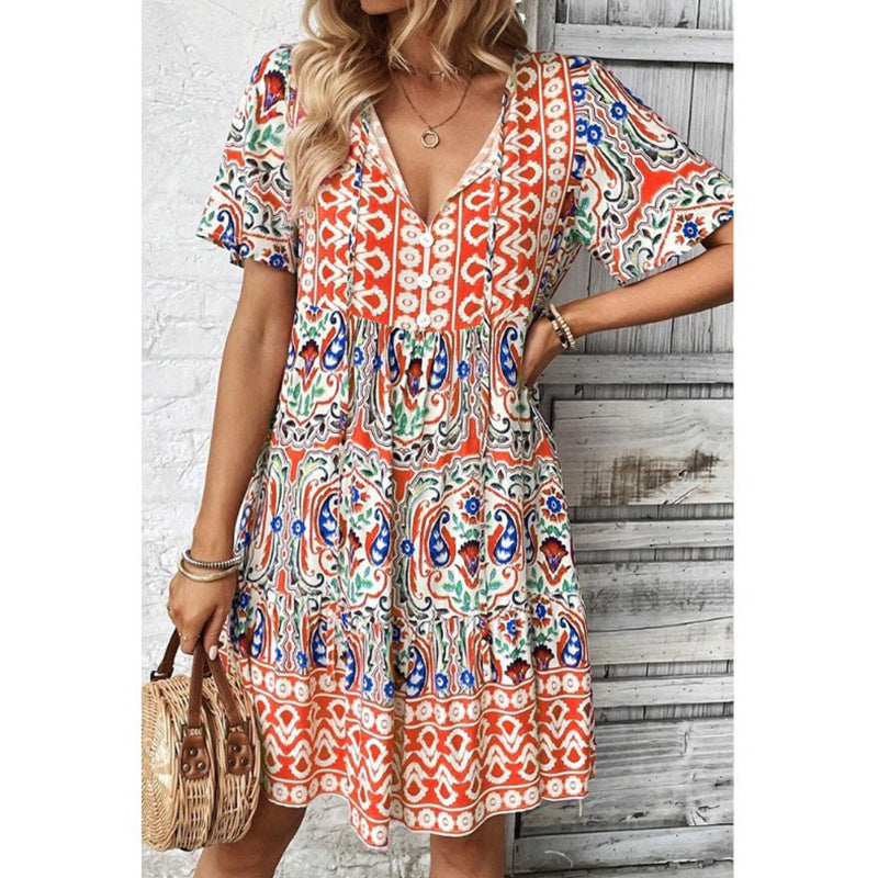 Women Casual Summer Dress Boho Drawstring V Neck Short Sleeve Floral Print Flowy Beach Dress