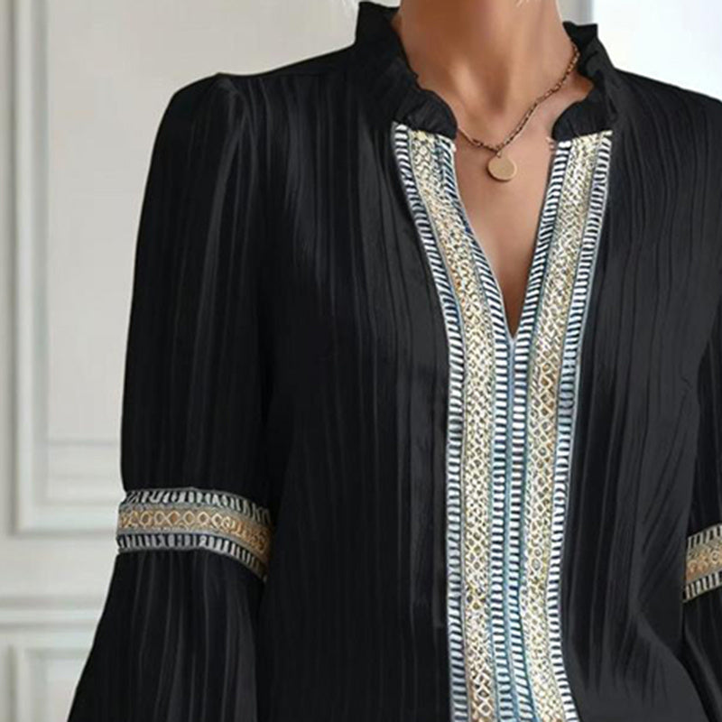 Boho Chic Colorblock Top, women's patchwork blouse with V-neck and lantern sleeves, stylish black design with detailed accents.