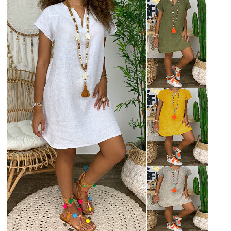 Womens Summer Casual Solid Color V Neck Short Sleeve Dresses Boho Beach Sundresses