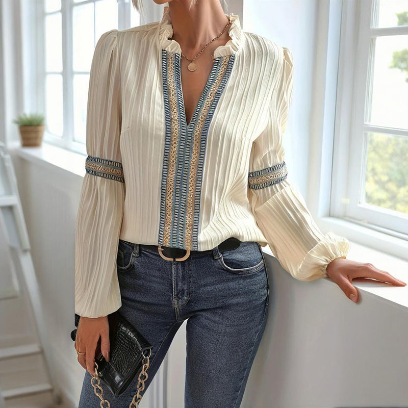 Boho Chic Colorblock Top, women's patchwork blouse with V-neck and lantern sleeves, stylish white design.