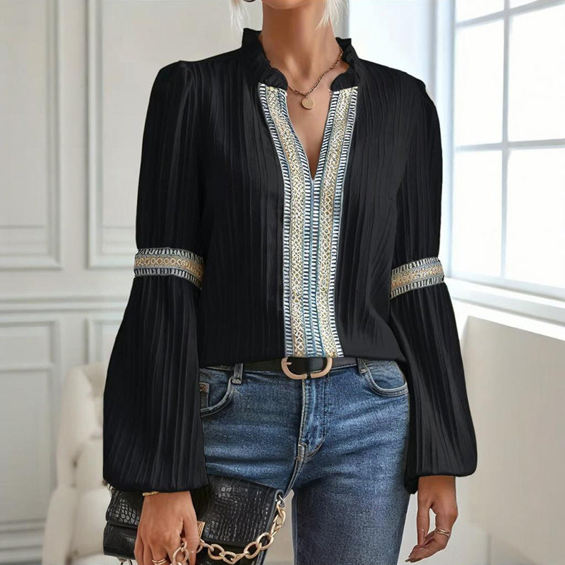 Boho Chic Colorblock Top, women's patchwork blouse with V-neck and lantern sleeves, stylish black design, elegant outfit