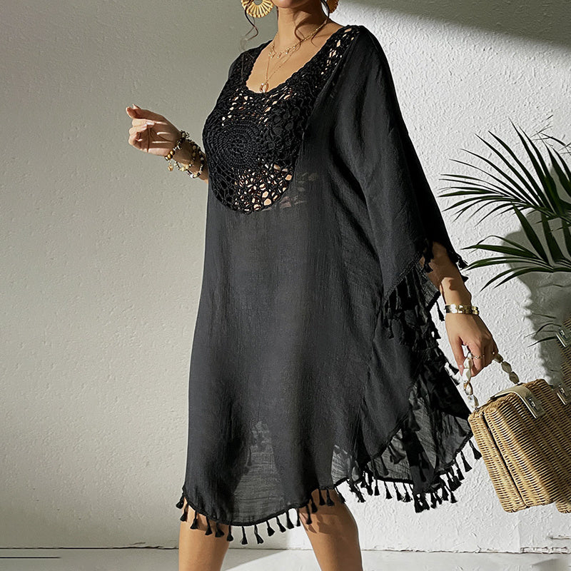 Sexy Tassel Trim Crochet Cover Up Women's Solid Color Beachwear, Summer Round Neck Boho Fashion Dress