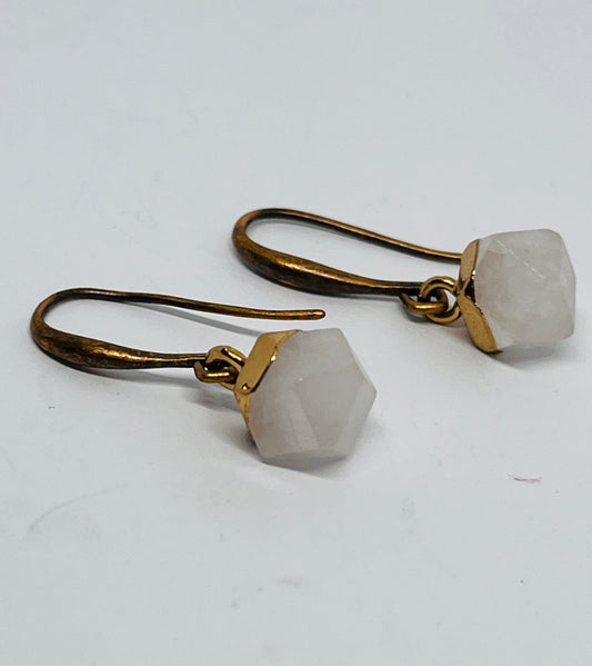 Pair of earrings with gold hooks and hexagonal stone beads on a light gray background