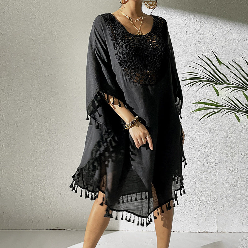 Sexy Tassel Trim Crochet Cover Up Women's Solid Color Beachwear, Summer Round Neck Boho Fashion Dress