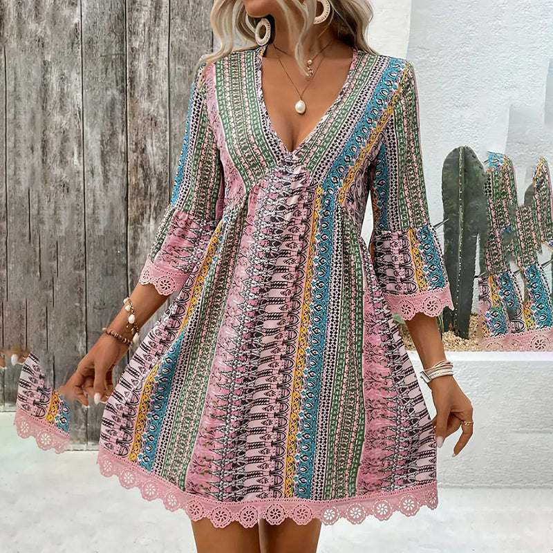 Women's V-Neck Print Dress - Lace Trim Summer Sundress, Casual Boho Chic Style