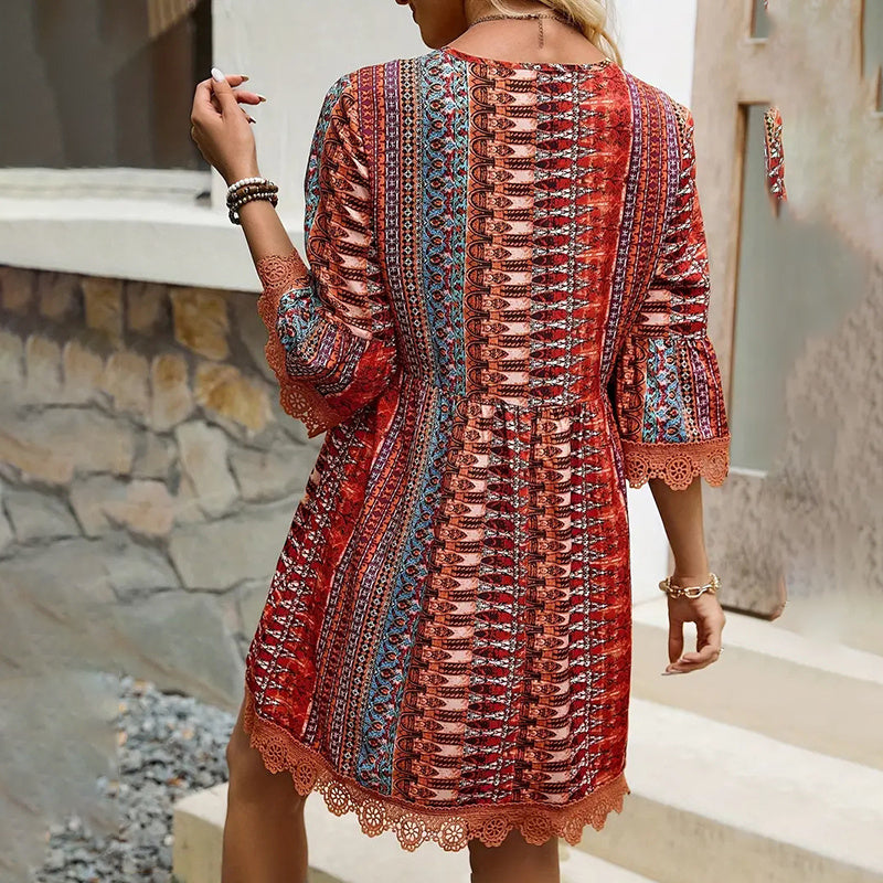 Women's V-Neck Print Dress - Lace Trim Summer Sundress, Casual Boho Chic Style