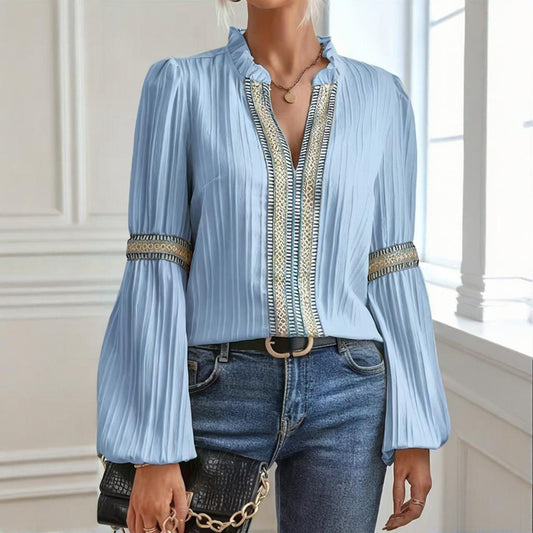 Boho Chic Colorblock Top, women's patchwork blouse with V neck and lantern sleeves, light blue color.