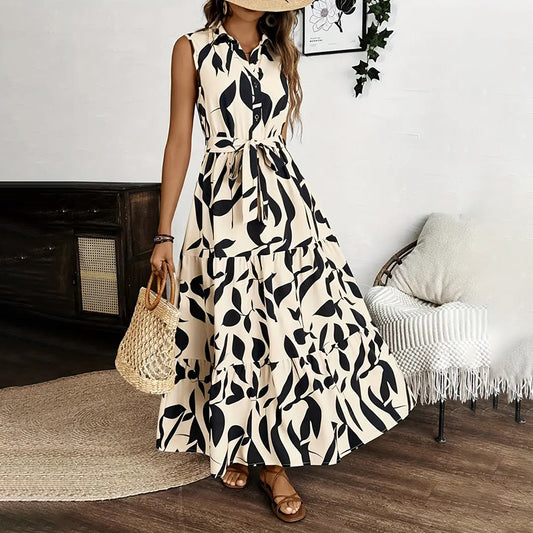 Women Sleeveless Boho Floral Maxi Dress Summer Button Shirt V Neck Flowy Belted Beach Vacation Dresses