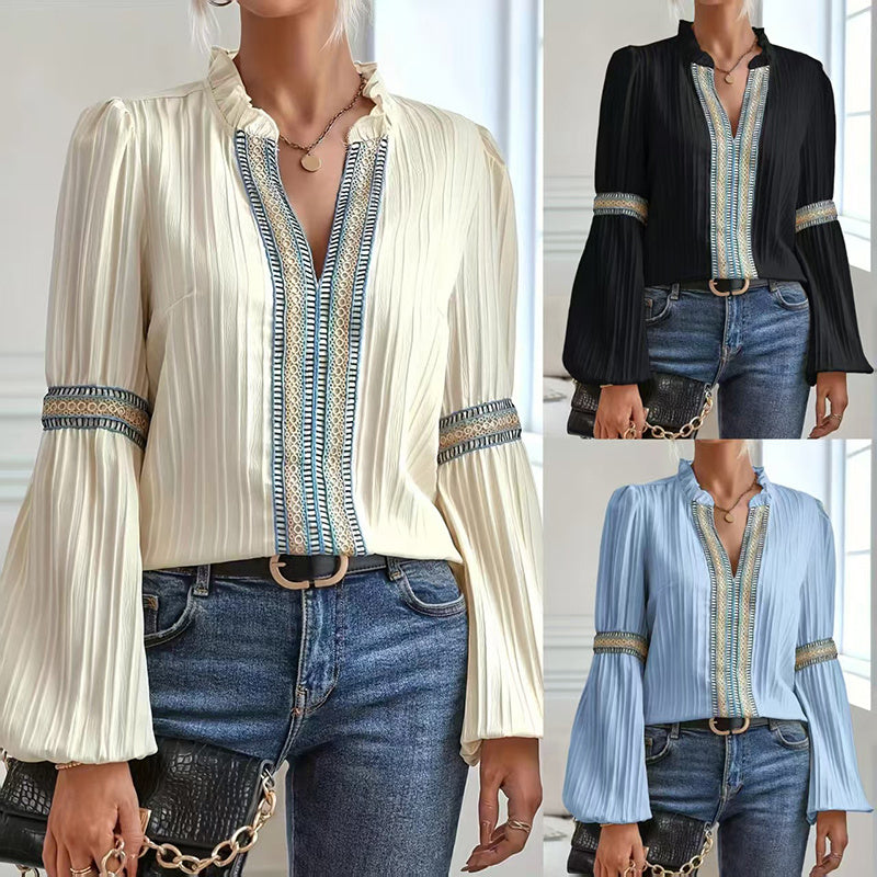 Boho chic colorblock blouse featuring V-neck and lantern sleeves in three colors: cream, black, and light blue.