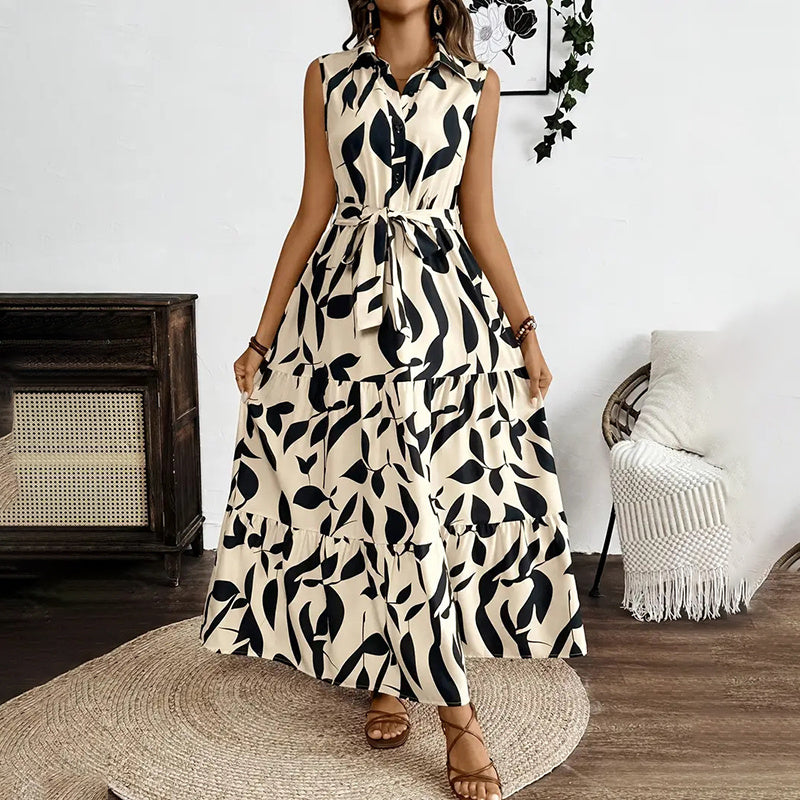 Women Sleeveless Boho Floral Maxi Dress Summer Button Shirt V Neck Flowy Belted Beach Vacation Dresses