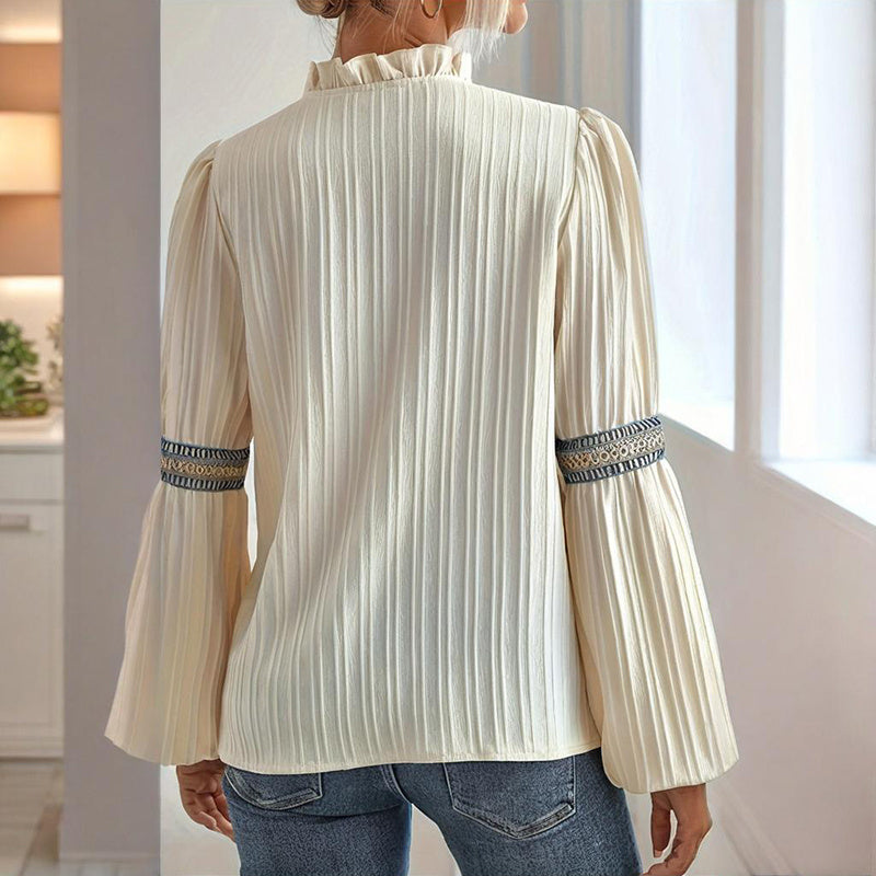 Boho Chic Colorblock Blouse, stylish women's top with lantern sleeves and unique ribbed design.